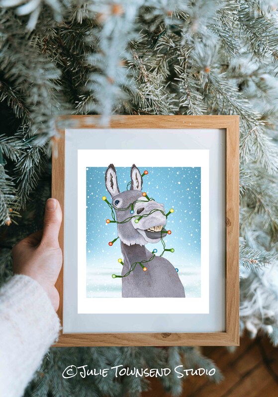 ART PRINT - SPARKLE AND SHINE - Donkey in Christmas Lights - Art to Display for the Winter Season - Brighten Any Room for the Holidays